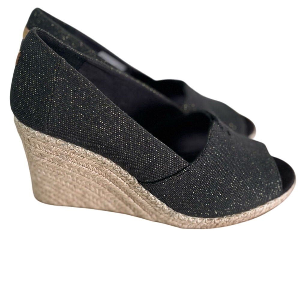 Tom's Classic‎ Black Denim+Gold Wedge Peep Toe Espadrille Heels SZ 10 Never Worn - Picture 4 of 8